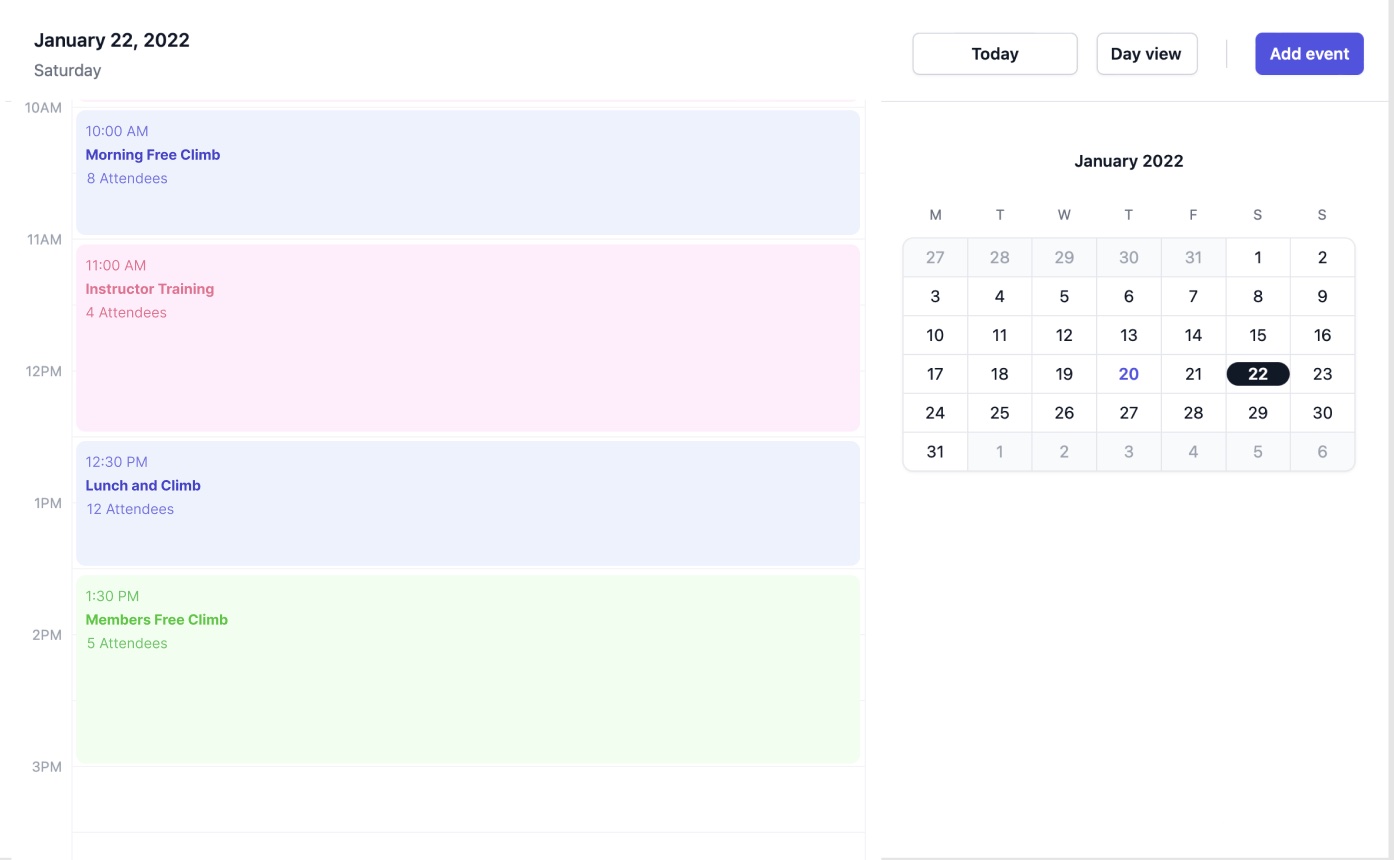 Kiosque calendar interface showing booking management dashboard with upcoming activities and customer appointments